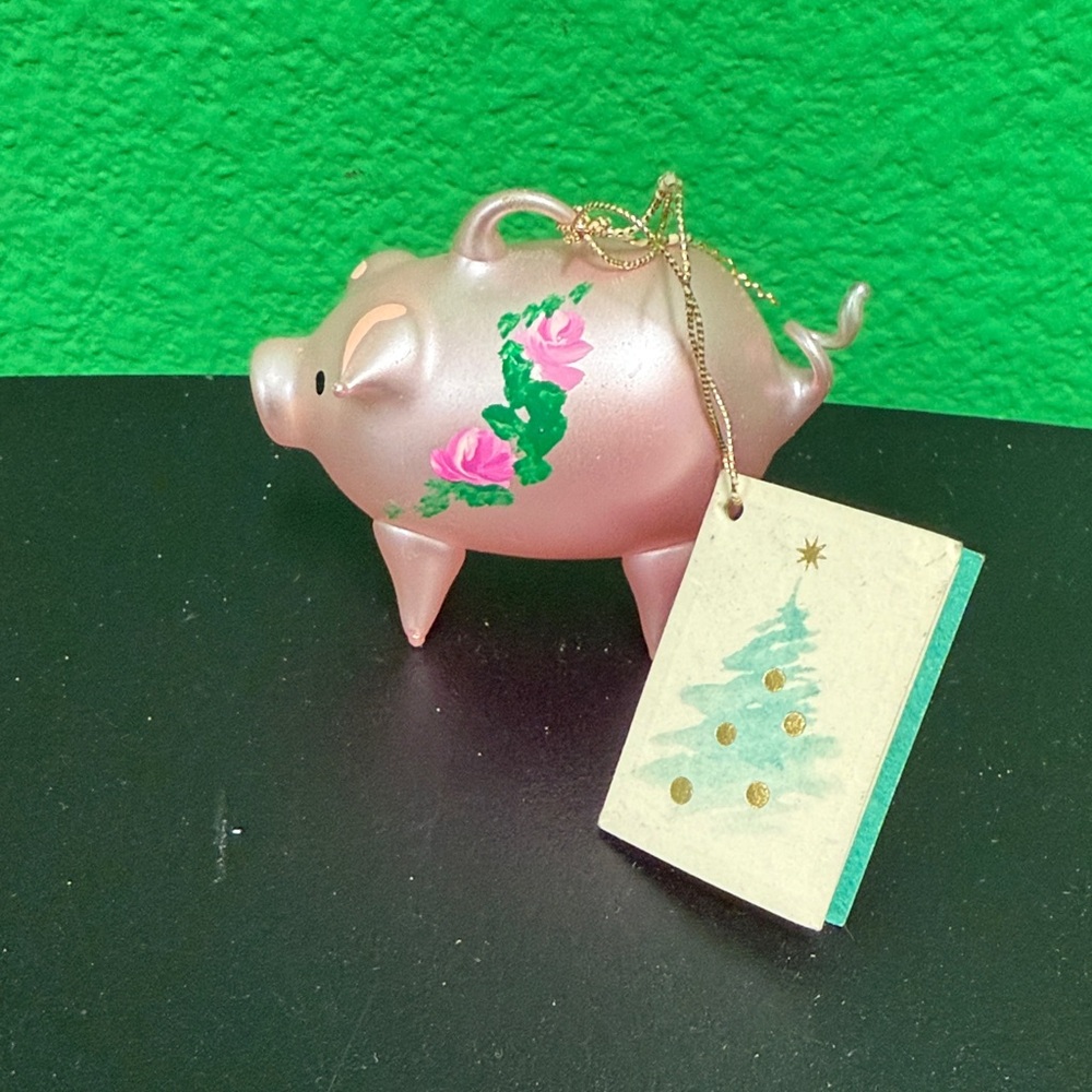 De Carlini  Rosy Pink Pig Ornament with Floral Design Italy